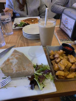 Vegan crepe with home fries and espresso milkshake at The Skinny Pancake in Stowe