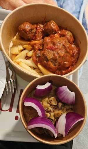 Escaldón de gofio y albóndigas con papas fritas at El Rincón de Marcos - Firgas in Gran Canaria