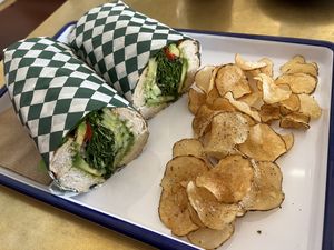green veggie sandwich with house-made chips  at Golden Goods Sandwich & Bake Shop in Hood River