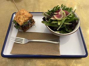 biscuit sandwich and salad — wonderful!  at Golden Goods Sandwich & Bake Shop in Hood River