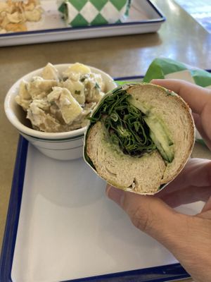 Green veggies sandwich and side potato salad   at Golden Goods Sandwich & Bake Shop in Hood River