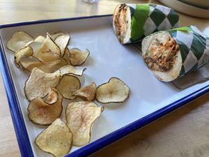 jackfruit sandwich vs chips  at Golden Goods Sandwich & Bake Shop in Hood River