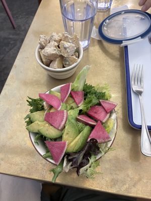 House salad with avocado added and potato salad on side.  at Golden Goods Sandwich & Bake Shop in Hood River