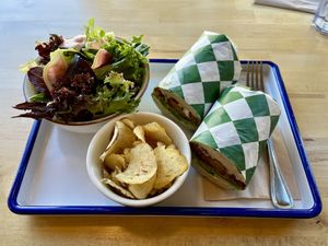 sandwich and salad… and chips!  at Golden Goods Sandwich & Bake Shop in Hood River