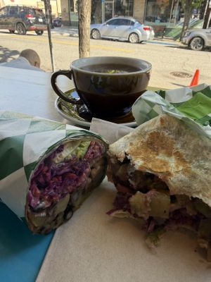 Breakfast burrito and coffeee  at Golden Goods Sandwich & Bake Shop in Hood River