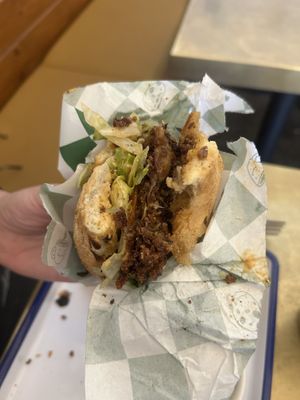 Mushroom po boy couldn’t get a pic before slamming it  at Golden Goods Sandwich & Bake Shop in Hood River