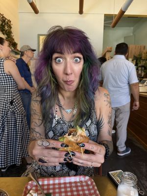 Bae loves the breakfast sando   at Golden Goods Sandwich & Bake Shop in Hood River