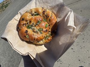 Onion breakfast bun   at Golden Goods Sandwich & Bake Shop in Hood River