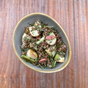 Lentil and Charlotte potato salad, pickled radish, grilled spring onion   at Photo Book Café in London