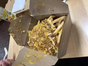 “Garbage plate"; this is a vegan version of a signature Rochester dish--it looks ugly, but tastes good. at Squatcho's in Rochester