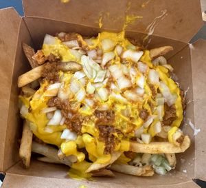 Chz burger FF Mac salad with everything on it!   Can’t resist a vegan plate!  at Squatcho's in Rochester