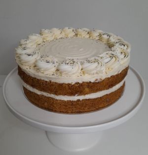 PLANT BASED ORANGE & POPPYSEED CAKE
Double layer plant-based orange poppyseed cake with plant-based orange cream cheese frosting                        at Constant Craving Cakes in West Gosford