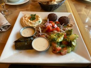 platter of 5 choices: hummus, tabouleh, avacado salad, avocado salad,  fool m'dammas at The Pita House in Alexandria