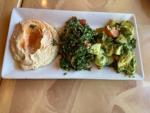 platter of 3 choices: hummus, tabouleh, avacado salad at The Pita House in Alexandria