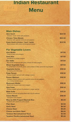 Mains say vegan in the descriptions   at Southern Star Inn Indian Restaurant in Goulburn