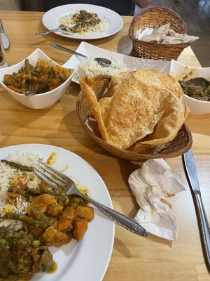 Mushroom Mutter, rice, pappadums, mixed vegetable curry and roti   at Southern Star Inn Indian Restaurant in Goulburn