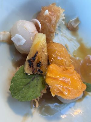 Forgot to take photo whilst complete, it was coconut ball’s with lychee’s and pineapple. Delicious   at Aqua Restaurant and Bar in Whangarei