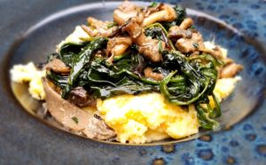 Creamy Polenta with Sautéed Wild Mushrooms and Spinach. Vegetarian  at Habitat Bar & Veg Restaurant in Koh Lanta