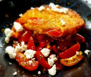 Tomato Fritters on a bed of Tomato and Feta Salad at Habitat Bar & Veg Restaurant in Koh Lanta