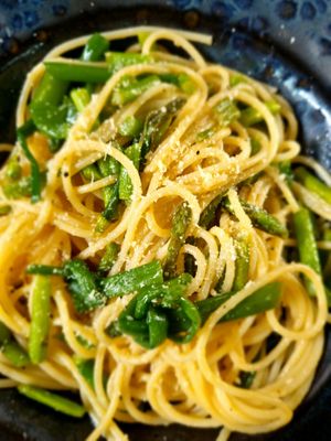 Pasta with Asparagus and Garlic Scapes. at Habitat Bar & Veg Restaurant in Koh Lanta