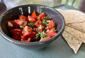 Bruschetta with tortilla triangles. Vegan. at Habitat Bar & Veg Restaurant in Koh Lanta