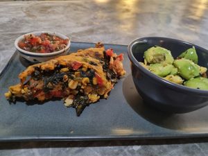 Tex-Mex Cazuela. Vegetarian. Served with Pico De Gallo and your choice of either watermelon/tomato salad or avocado/tomato salad. at Habitat Bar & Veg Restaurant in Koh Lanta