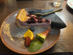 Vegan Creamy Blueberry Cake. Not cheap, but delicious at Cafe am Markt in Marburg