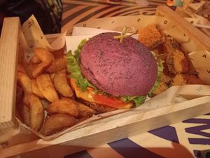 Purple cheesy + fries + fried eggplants at Flower Burger in Trento
