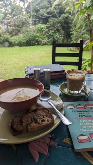 Pumpkin Soup with vegan Flat White at Kardamom & Koffee in Kampala