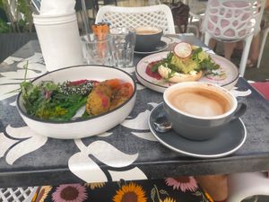 Falafel and (minus) halloumi bowl plus avo dukka bagel and oat milk flat white  at Cafe Botannix in Whangarei