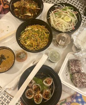 Lãping mung bean rolls and Sri Lankan Pumpkin Stew were our favourites!   at Green Mantis in New Delhi