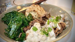 Chicken fried shrooms with Greens and a biscuit.   at Donna Jean - Sherman Oaks in Sherman Oaks