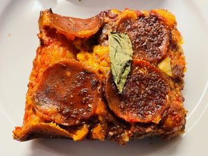 THE HEATHEN
carrot cheddar, mozzarella, @thebehive pepperoni, Calabrian infused olive oil, saba & Parmesan. Focaccia/ pan pizza style! contains gluten and nuts.  at Donna Jean - Sherman Oaks in Sherman Oaks