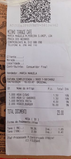 Receipt at O Moinho Terrace Cafe in Ribeira Grande