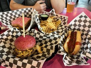 Burger, fries, hot dog, and patty melt! All vegan!  at The Dirty V in Apex