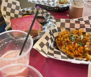 Strawberry shake, patty slaps, kimchi Mac and cheese, mudslide (straws are too tiny!)  at The Dirty V in Apex