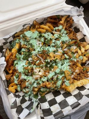 Waffle fries for takeout is a mistake IMO. Fries were soggy after transit in to-go container. Highly recommend only ordering for dine in    at The Dirty V in Apex