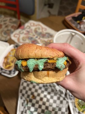 Spicy Burger with SMURF RANCH  at The Dirty V in Apex