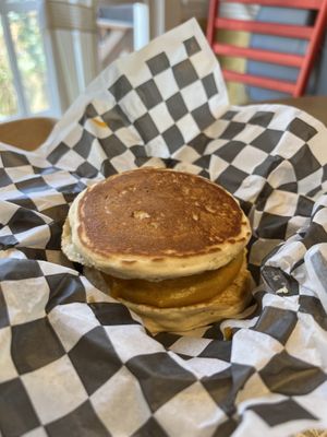 Dirty Griddle (Impossible Sausage, Vegan Egg, Chz, Pancake Buns)  at The Dirty V in Apex