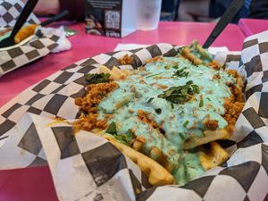 The "nasty" fries, not the full garbage plate. Not seen here is the puddle that formed at the bottom of the basket from the TVP "chili" at The Dirty V in Apex