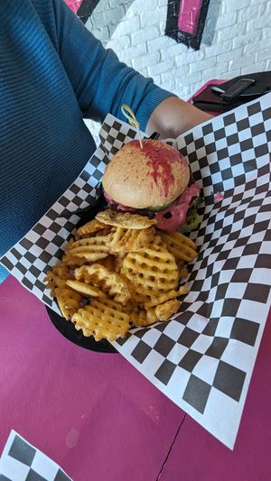 Betty burger with waffle fries at The Dirty V in Apex