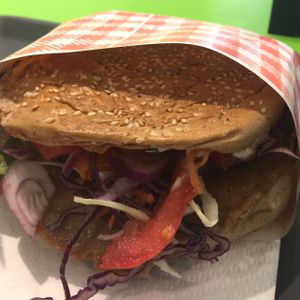 Seitan burger- delicious! One of the best burgers I ever had because the ingredients were fresh, it was not greasy, and the bread had a nice crisp from being grilled. I will definitely get this burger again.  at Green Point in Zagreb