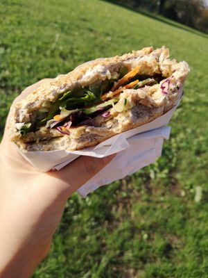 seitan burger with a bit of everything fresh and vegan mayo.  at Green Point in Zagreb