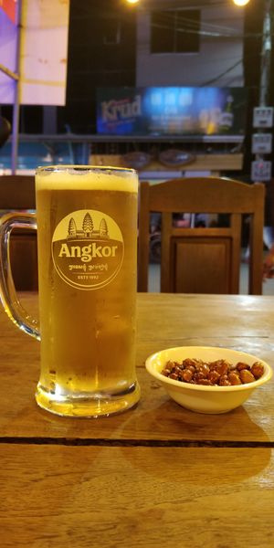 Angkor beer (draft!) Comes with hot nuts. at Taste For Life in Siem Reap