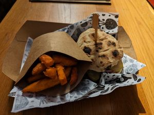 Pulled "beef" sandwich with sweet potato fries at VegeDub in Dubrovnik