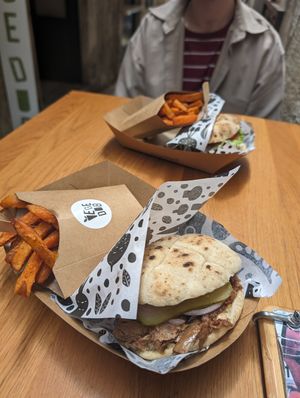 Pitas with faux beef and sweet potato fries at VegeDub in Dubrovnik