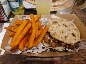 BBQ beefless pita & sweet potato fries (vegan) at VegeDub in Dubrovnik