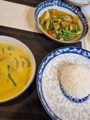 Green and red curry with rice at Eurasian Restaurant in Phuket
