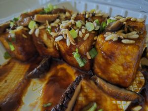 vegan fried tofu bites with puffed rice & shiitake mushrooms at Lua Brewing in Des Moines