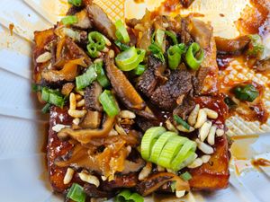 Fried Tofu Bites: garlic and tofu purée, soy-pickled shiitake, puffed rice.  at Lua Brewing in Des Moines